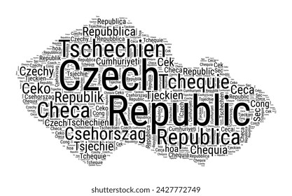 Nube de palabras en blanco y negro en forma de República Checa. Ilustración del país del estilo de tipografía simple. Nube de texto negra de la República Checa sobre fondo blanco. Ilustración vectorial.
