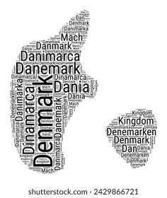 Black and white word cloud in Denmark shape. Simple typography style country illustration. Plain Denmark black text cloud on white background. Vector illustration.