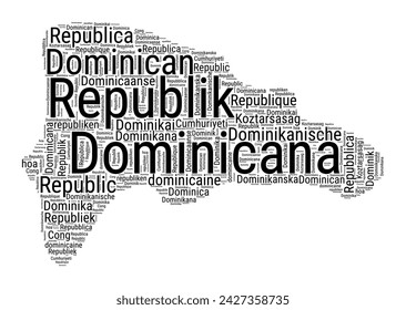 Black and white word cloud in Dominicana shape. Simple typography style country illustration. Plain Dominicana black text cloud on white background. Vector illustration.