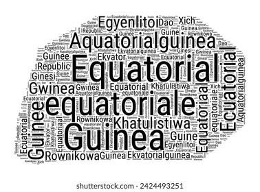 Black and white word cloud in Equatorial Guinea shape. Simple typography style country illustration. Plain Equatorial Guinea black text cloud on white background. Vector illustration.