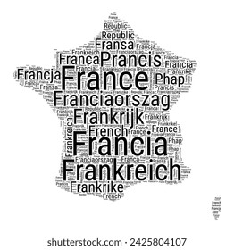 Black and white word cloud in France shape. Simple typography style country illustration. Plain France black text cloud on white background. Vector illustration.