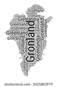 Black and white word cloud in Greenland shape. Simple typography style country illustration. Plain Greenland black text cloud on white background. Vector illustration.