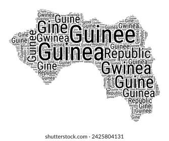 Black and white word cloud in Guinea shape. Simple typography style country illustration. Plain Guinea black text cloud on white background. Vector illustration.