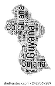 Black and white word cloud in Guyana shape. Simple typography style country illustration. Plain Guyana black text cloud on white background. Vector illustration.
