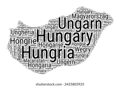 Black and white word cloud in Hungary shape. Simple typography style country illustration. Plain Hungary black text cloud on white background. Vector illustration.