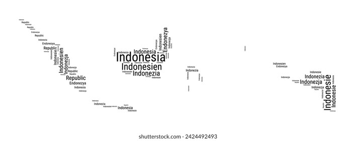 Black and white word cloud in Indonesia shape. Simple typography style country illustration. Plain Indonesia black text cloud on white background. Vector illustration.