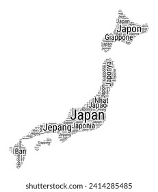 Black and white word cloud in Japan shape. Simple typography style country illustration. Plain Japan black text cloud on white background. Vector illustration.