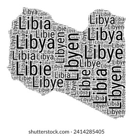 Black and white word cloud in Libya shape. Simple typography style country illustration. Plain Libya black text cloud on white background. Vector illustration.