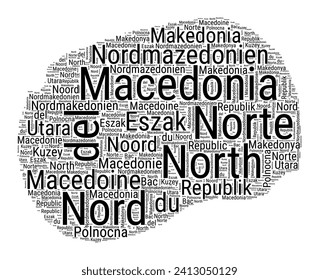 Nubes de palabras blancas y negras en Macedonia. Ilustración de país de estilo tipográfico simple. Una simple nube de texto negro en Macedonia sobre fondo blanco. Ilustración vectorial.