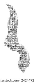 Nube de palabras en blanco y negro en forma de Malawi. Ilustración del país del estilo de tipografía simple. Nube de texto negro de Malawi sobre fondo blanco. Ilustración vectorial.
