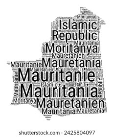 Black and white word cloud in Mauritania shape. Simple typography style country illustration. Plain Mauritania black text cloud on white background. Vector illustration.