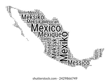 Black and white word cloud in Mexico shape. Simple typography style country illustration. Plain Mexico black text cloud on white background. Vector illustration.