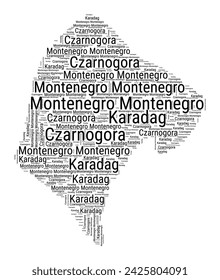 Black and white word cloud in Montenegro shape. Simple typography style country illustration. Plain Montenegro black text cloud on white background. Vector illustration.