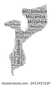 Black and white word cloud in Mozambique shape. Simple typography style country illustration. Plain Mozambique black text cloud on white background. Vector illustration.