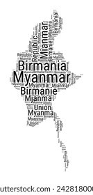 Black and white word cloud in Myanmar shape. Simple typography style country illustration. Plain Myanmar black text cloud on white background. Vector illustration.