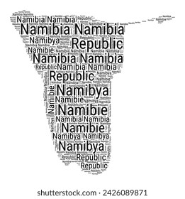 Black and white word cloud in Namibia shape. Simple typography style country illustration. Plain Namibia black text cloud on white background. Vector illustration.
