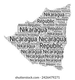 Black and white word cloud in Nicaragua shape. Simple typography style country illustration. Plain Nicaragua black text cloud on white background. Vector illustration.