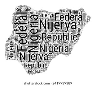 Black and white word cloud in Nigeria shape. Simple typography style country illustration. Plain Nigeria black text cloud on white background. Vector illustration.