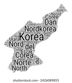 Nube de palabras en blanco y negro en forma de Corea del Norte. Ilustración del país del estilo de tipografía simple. Nube de texto negra de Corea del Norte sobre fondo blanco. Ilustración vectorial.