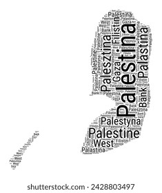 Black and white word cloud in Palestine shape. Simple typography style country illustration. Plain Palestine black text cloud on white background. Vector illustration.