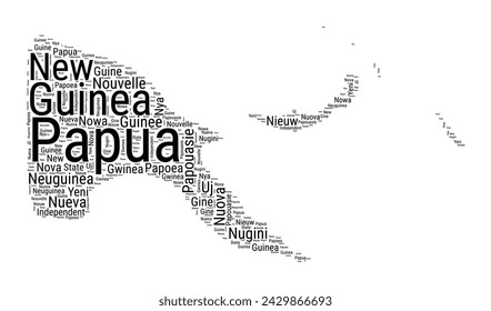 Black and white word cloud in Papua New Guinea shape. Simple typography style country illustration. Plain Papua New Guinea black text cloud on white background. Vector illustration.