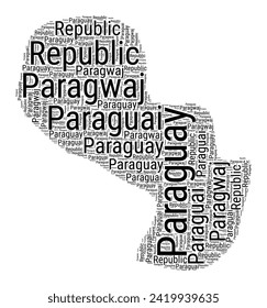 Black and white word cloud in Paraguay shape. Simple typography style country illustration. Plain Paraguay black text cloud on white background. Vector illustration.