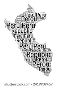 Black and white word cloud in Peru shape. Simple typography style country illustration. Plain Peru black text cloud on white background. Vector illustration.