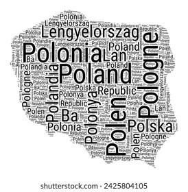 Black and white word cloud in Poland shape. Simple typography style country illustration. Plain Poland black text cloud on white background. Vector illustration.