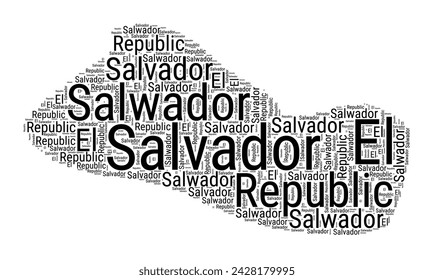 Black and white word cloud in Republic of El Salvador shape. Simple typography style country illustration. Plain Republic of El Salvador black text cloud on white background. Vector illustration.