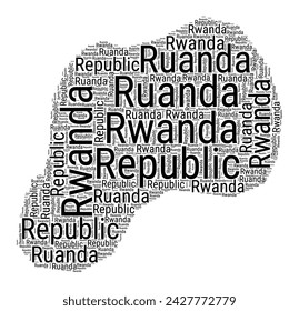 Schwarz-weiße Wortwolke in Ruanda-Form. Einfache Typografie Stil Land Illustration. Einfache Ruanda schwarze Textwolke auf weißem Hintergrund. Vektorgrafik.