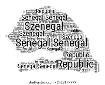 Black and white word cloud in Senegal shape. Simple typography style country illustration. Plain Senegal black text cloud on white background. Vector illustration.