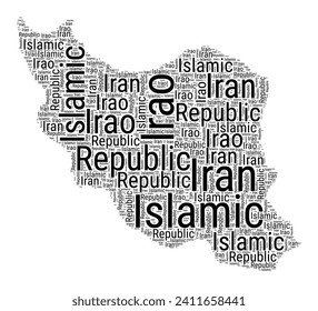 Black and white word cloud in the shape of Iran. Simple typography style country illustration with plain Iran black text cloud on a white background. Vector illustration.