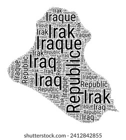 Black and white word cloud in the shape of the Republic of Iraq. Simple typography style country illustration. Plain Republic of Iraq black text cloud on white background. Vector illustration.