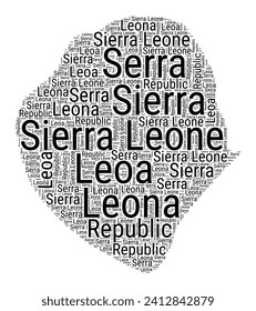 Black and white word cloud in the shape of Sierra Leone. Simple typography style country illustration with plain Sierra Leone text on a white background. Vector illustration.