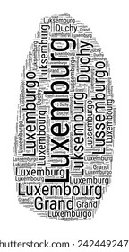 Black and white word cloud in the shape of Luxembourg. Simple typography style country illustration with plain Luxembourg black text cloud on a white background. Vector illustration.