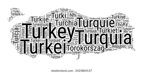 Black and white word cloud in the shape of Turkey. Simple typography style country illustration. Plain Turkey black text cloud on a white background. Vector illustration.