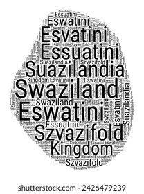 Black and white word cloud in the shape of Swaziland. Simple typography style country illustration. Plain Swaziland black text cloud on white background. Vector illustration.