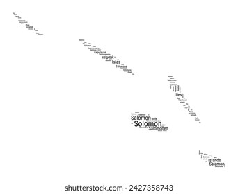 Black and white word cloud in the shape of the Solomon Islands. Simple typography style country illustration with plain Solomon Islands black text cloud on a white background. Vector illustration.