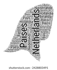 Black and white word cloud in the shape of the Netherlands. Simple typography style country illustration with plain Netherlands black text cloud on a white background. Vector illustration.
