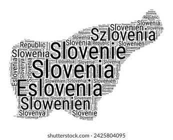 Nube de palabras en blanco y negro en forma de Eslovenia. Ilustración del país del estilo de tipografía simple. Nube de texto negro sobre fondo blanco. Ilustración vectorial.