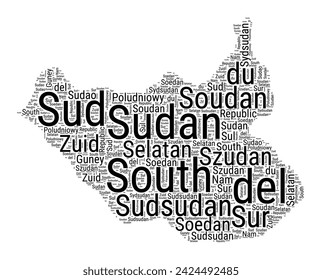 Black and white word cloud in South Sudan shape. Simple typography style country illustration. Plain South Sudan black text cloud on white background. Vector illustration.