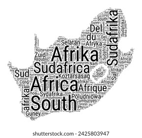 Nube de palabras en blanco y negro en forma de Sudáfrica. Ilustración del país del estilo de tipografía simple. Nube de texto negra de Sudáfrica sobre fondo blanco. Ilustración vectorial.