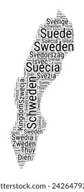 Black and white word cloud in Sweden shape. Simple typography style country illustration. Plain Sweden black text cloud on white background. Vector illustration.