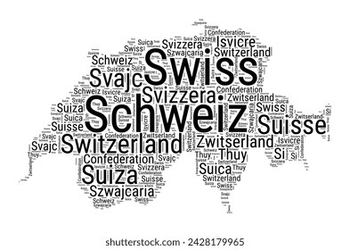 Black and white word cloud in Switzerland shape. Simple typography style country illustration. Plain Switzerland black text cloud on white background. Vector illustration.