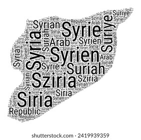 Nube de palabras en blanco y negro en forma de Siria. Ilustración de país de estilo tipográfico simple. Una simple nube de texto negro en Siria sobre fondo blanco. Ilustración vectorial.
