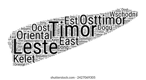 Black and white word cloud in Timor-Leste shape. Simple typography style country illustration. Plain Timor-Leste black text cloud on white background. Vector illustration.