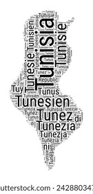 Black and white word cloud in Tunisia shape. Simple typography style country illustration. Plain Tunisia black text cloud on white background. Vector illustration.