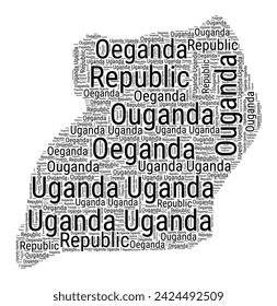 Schwarz-weiße Wortwolke in Uganda-Form. Einfache Typografie Stil Land Illustration. Einfache Uganda schwarze Textwolke auf weißem Hintergrund. Vektorgrafik.