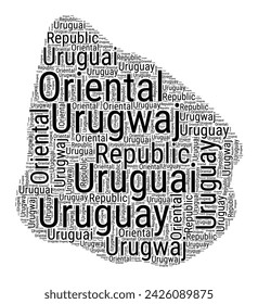 Black and white word cloud in Uruguay shape. Simple typography style country illustration. Plain Uruguay black text cloud on white background. Vector illustration.