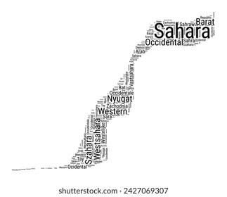 Black and white word cloud in Western Sahara shape. Simple typography style country illustration. Plain Western Sahara black text cloud on white background. Vector illustration.